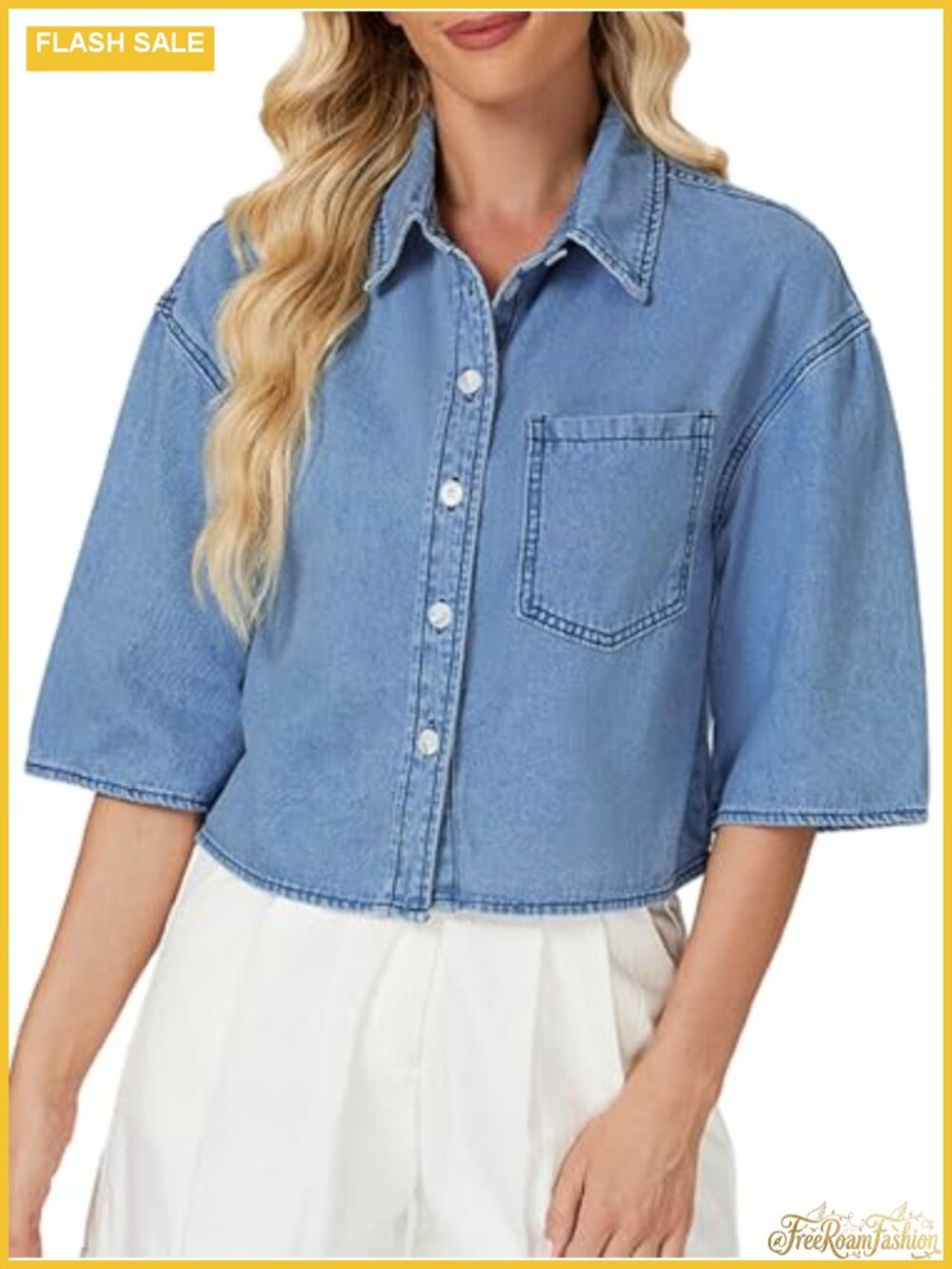 Women's Cropped Denim Jacket Short Sleeve Button Down Lightweight Jean Shirt